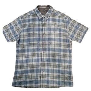 KUHL Skorpio Shirt Men’s L Blue Green Plaid Linen Blend UPF 15+ Short Sleeve